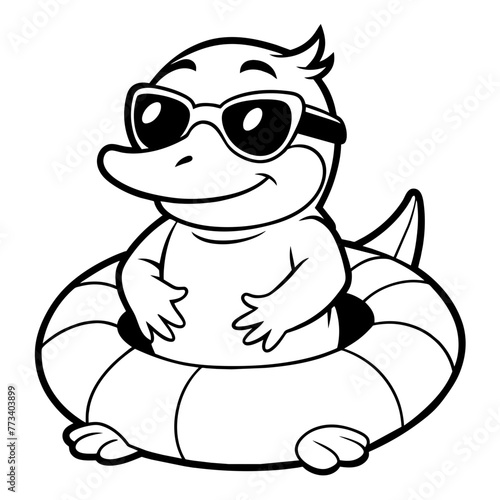 Vector baby platypus , coloring book page for kids, cute, black and white cartoon baby platypus wearing sunglass hatching from a rubber ring, white background 