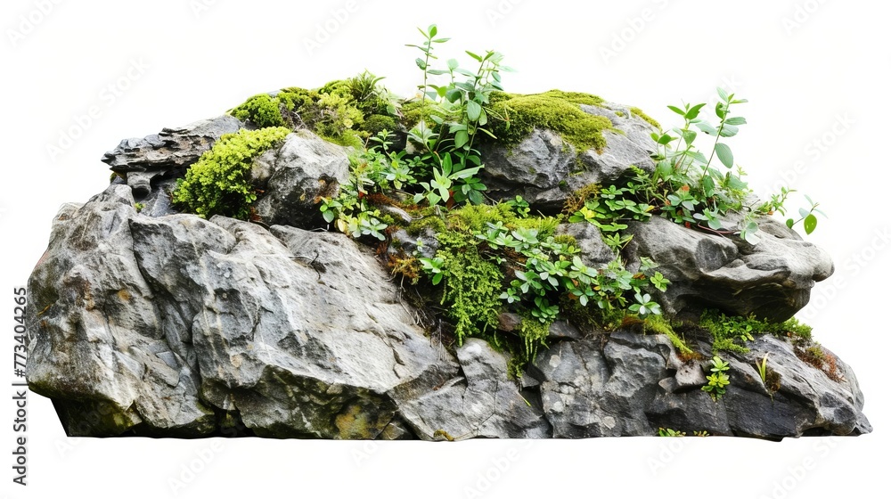 Large rocks with lush overgrown foliage and moss isolated on white, nature decoration element Large rocks with lush overgrown foliage and moss isolated on white, nature decoration element