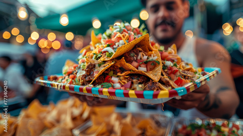 Man serving a large plate of nachos.