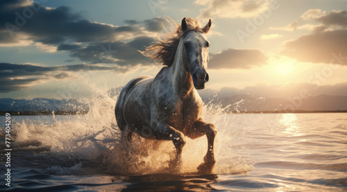Gorgeous picture of beautiful white and brown horses racing into the sunset on the beach towards the calm sea. On the beach in orange light, sunset.