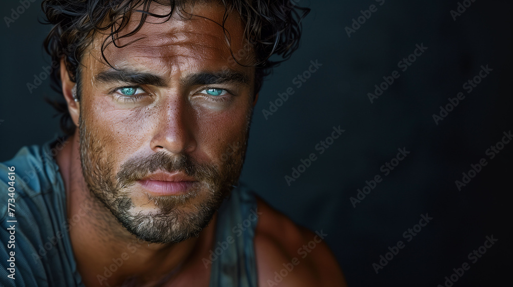 Close-up portrait of a handsome man with intense blue eyes and stubble, looking thoughtfully at the camera.