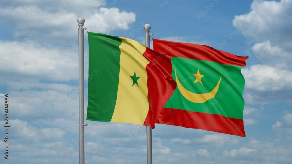 Mauritania and Senegal two flags waving together, looped video, two country cooperation concept Mauritania and Senegal two flags waving together, looped video, two country cooperation concept