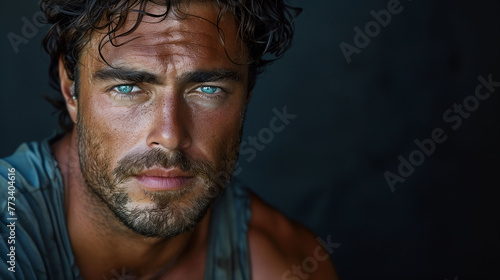 Close-up portrait of a handsome man with intense blue eyes and stubble, looking thoughtfully at the camera.
