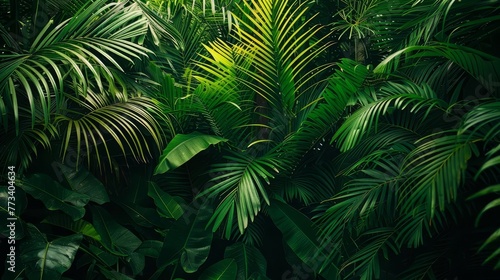Lush tropical jungle with dense green foliage, nature background