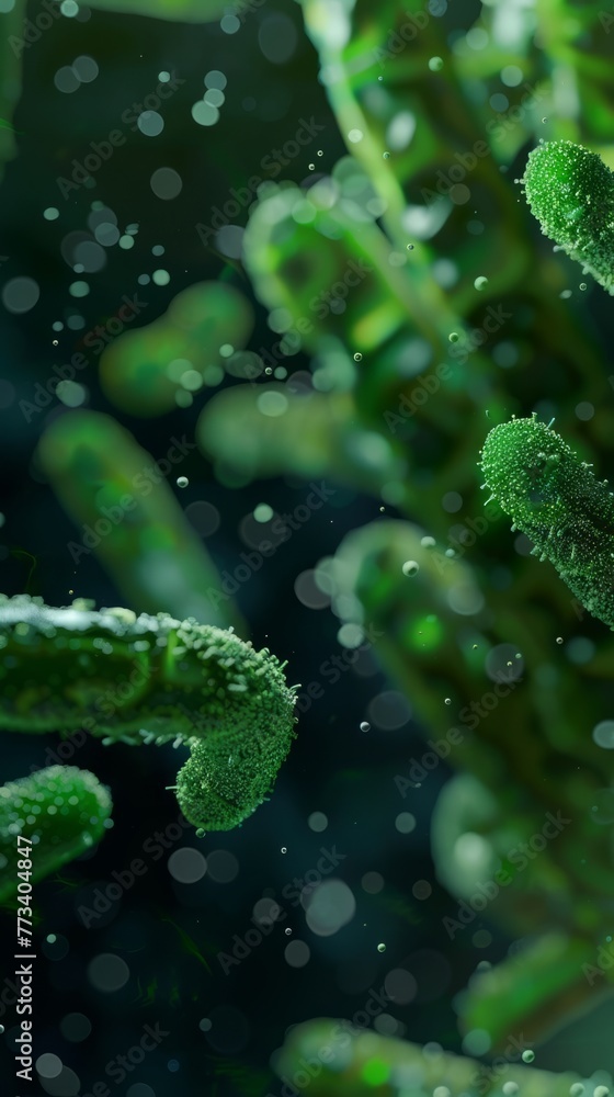 close up of 3d microscopic green bacteria. Banner concept with green viruses under a microscope. Macroscopic observation of organisms bacteria under laboratory microscope. Generative ai close up of 3d microscopic green bacteria. Banner concept with green viruses under a microscope. Macroscopic observation of organisms bacteria under laboratory microscope. Generative ai