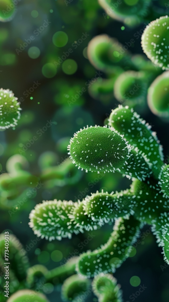 close up of 3d microscopic green bacteria. Banner concept with green viruses under a microscope. Macroscopic observation of organisms bacteria under laboratory microscope. Generative ai close up of 3d microscopic green bacteria. Banner concept with green viruses under a microscope. Macroscopic observation of organisms bacteria under laboratory microscope. Generative ai