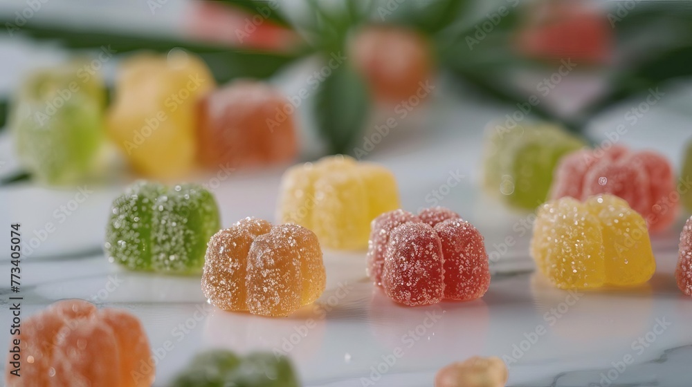 Macro close-up of CBD gummies with copy space, cannabis edibles product photography Macro close-up of CBD gummies with copy space, cannabis edibles product photography
