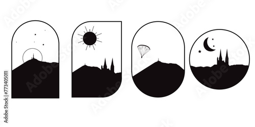 Set de Logos de la ville de Clermont-Ferrand avec la cathédrale et le Puy de Dôme. Silhouettes dans différentes formes. Noir & blanc. Puy de Dôme. Contours lignes noires. Auvergne - Stock vector photo