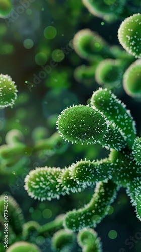 close up of 3d microscopic green bacteria. Banner concept with green viruses under a microscope. Macroscopic observation of organisms bacteria under laboratory microscope. Generative ai