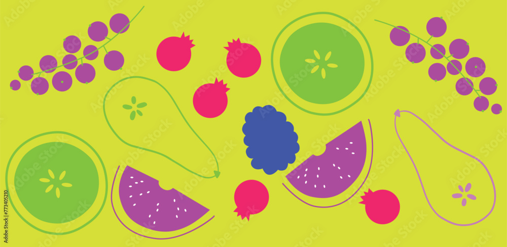 Fototapeta premium Fruits and berries. Summer fruits vector collection. Flat abstract style