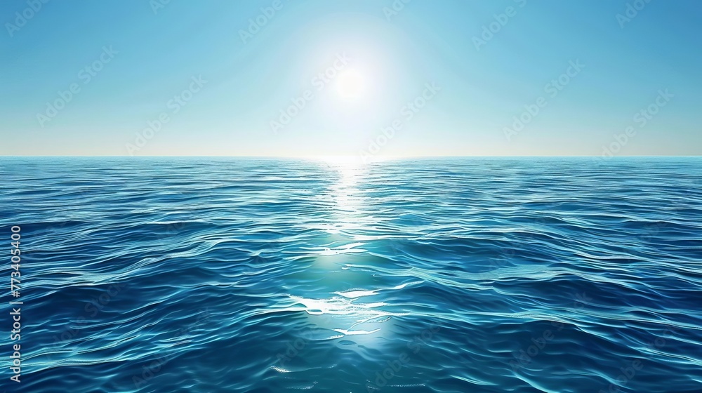 Majestic Blue Ocean Panorama with Shimmering Sun Reflection, Vast Open Sea and Clear Sky, Digital Illustration