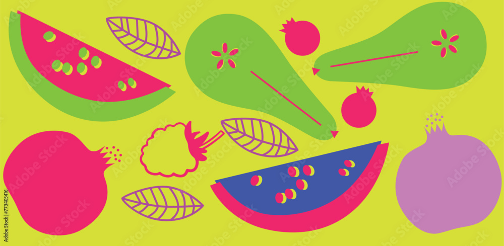 Fruits and berries. Summer fruits vector collection. Flat abstract style Fruits and berries. Summer fruits vector collection. Flat abstract style