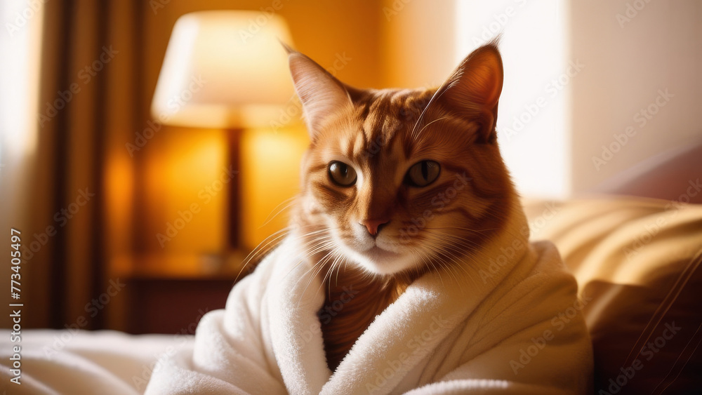 funny cat resting and relaxing in spa wellness salon. Cat wearing a bathrobe and feeling so comfortable and relaxation in hotel at vacation
