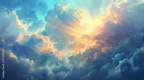 Majestic sky with divine light shining through the clouds, symbolizing faith and spirituality, digital painting photo