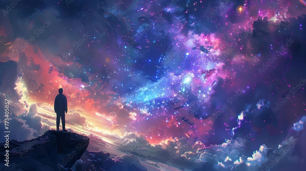 Man Gazing at Majestic Nebula in Deep Space, Astronomical Wonder, Realistic Digital Painting - obrazy, fototapety, plakaty 