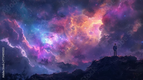 Man Gazing at Majestic Nebula in Deep Space, Astronomical Wonder, Realistic Digital Painting