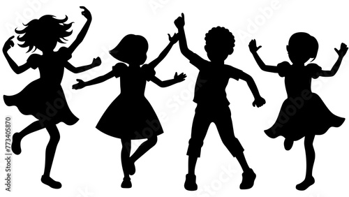 Joyful Kids Dancing Silhouettes Vibrant Cartoon Vector Illustration