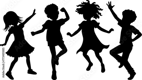 Joyful Kids Dancing Silhouettes Vibrant Cartoon Vector Illustration