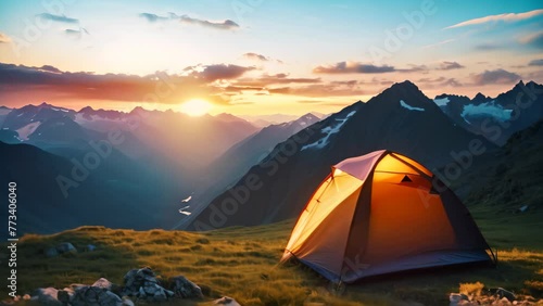 Camping on the top of a mountain in the mountains at sunset, camping tent high in the mountains at sunset, AI Generated photo