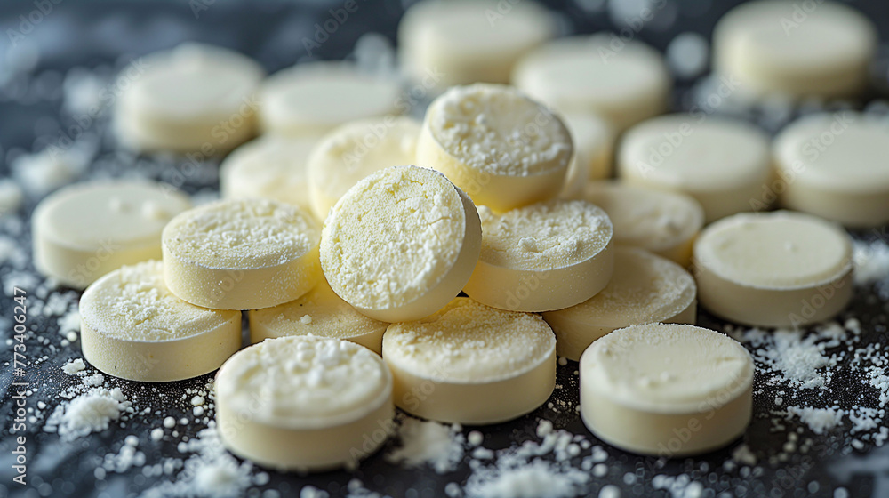 Close-up of white pills scattered on a dark surface with powder residue. Close-up of white pills scattered on a dark surface with powder residue.