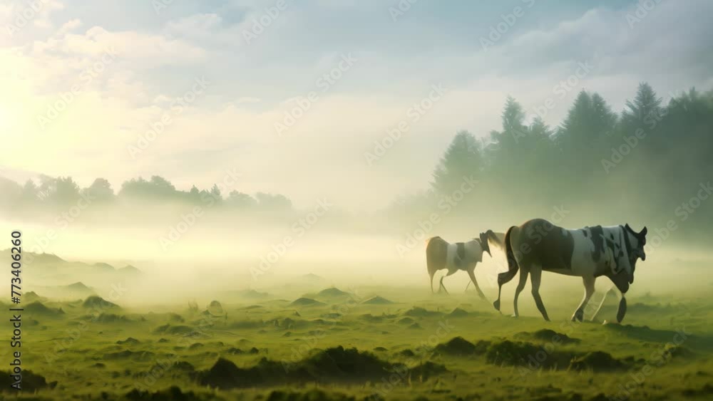 Herd of cows grazing on a meadow in the morning fog, Panorama of ...