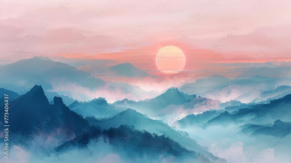 Misty sunrise silhouette over a mountain range, showcasing pastel colors and a serene, atmospheric landscape, digital painting