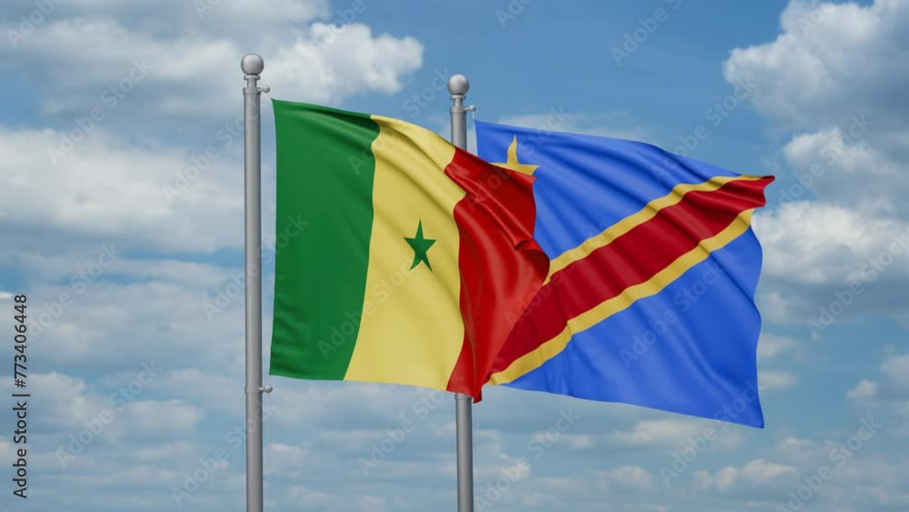 Democratic Republic of the Congo and Senegal two flags waving together, looped video, two country relations concept Democratic Republic of the Congo and Senegal two flags waving together, looped video, two country relations concept