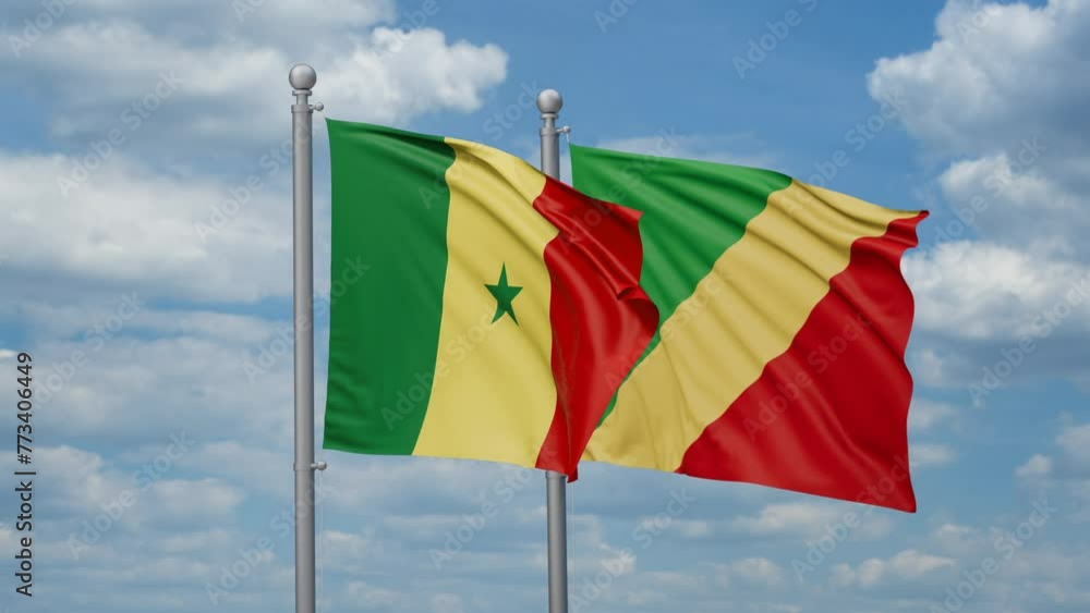 Republic of the Congo and Senegal two flags waving together, looped video, two country relations concept Republic of the Congo and Senegal two flags waving together, looped video, two country relations concept