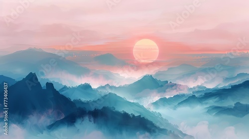 Misty sunrise silhouette over a mountain range, showcasing pastel colors and a serene, atmospheric landscape, digital painting © Jelena