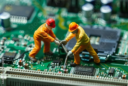 Technician figurines doing maintenance on computer motherboard, technology repair concept photo