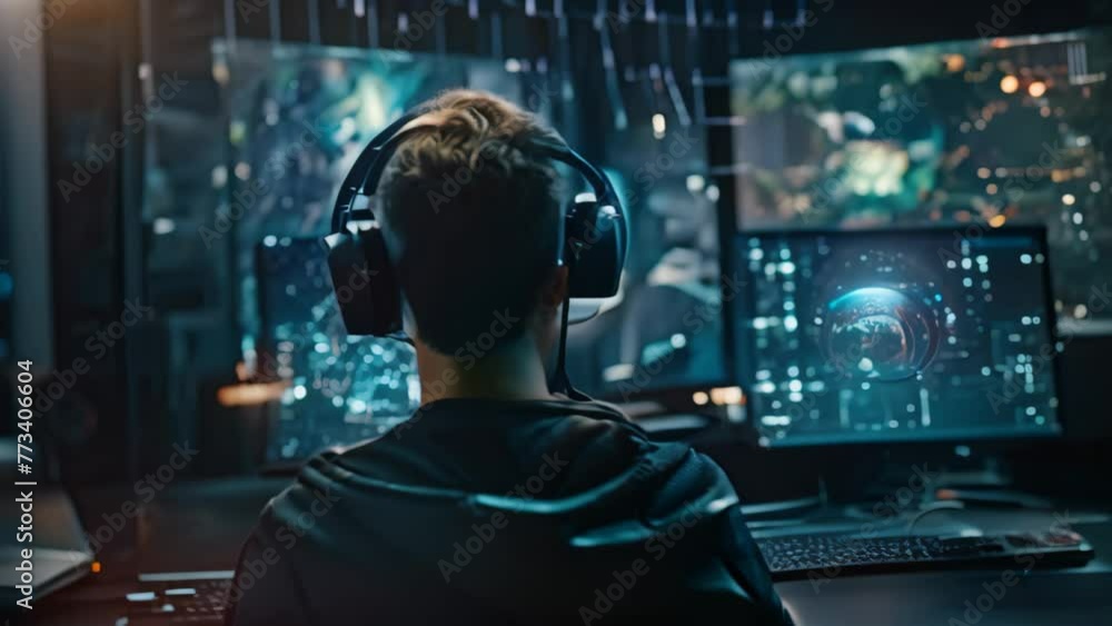 Rear view of young man in headphones playing computer games at night, A software engineer engaged in computer work involving data analysis and AI algorithms, captured from the rear, AI Generated Rear view of young man in headphones playing computer games at night, A software engineer engaged in computer work involving data analysis and AI algorithms, captured from the rear, AI Generated
