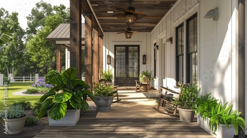 Modern farmhouse front porch with potted plants and wooden rocking chairs, digital painting