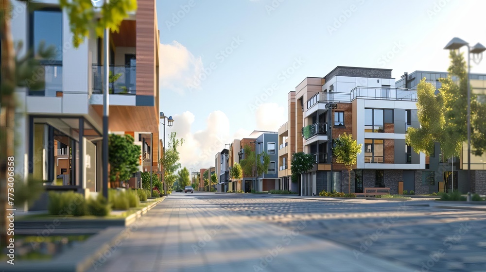 Modern generic residential neighborhood buildings for housing and real estate market, 3D illustration Modern generic residential neighborhood buildings for housing and real estate market, 3D illustration