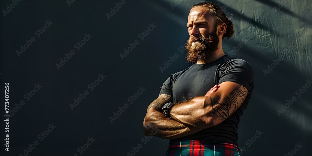 Highland games athlete in his 30s exudes strength and cultural pride in traditional kilt and Tshirt. Concept Athlete, Highland Games, Strength, Cultural Pride, Traditional Attire