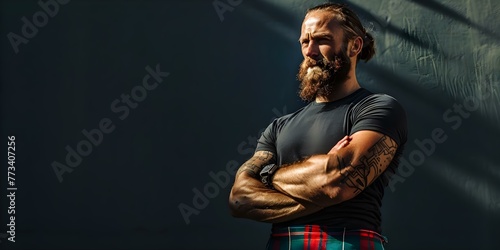Highland games athlete in his 30s exudes strength and cultural pride in traditional kilt and Tshirt. Concept Athlete  Highland Games  Strength  Cultural Pride  Traditional Attire