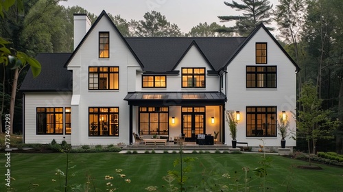 Modern white farmhouse with dark shingle roof and black windows  contemporary architecture exterior