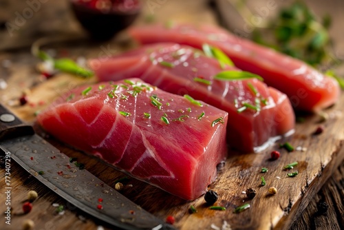 fresh tuna steak and knife on a wooden table closeup, tuna steak closeup, tuna raw meat, tuna raw fish, raw fish, fresh tuna fish, fresh raw fish, tuna meat on a wooden table 