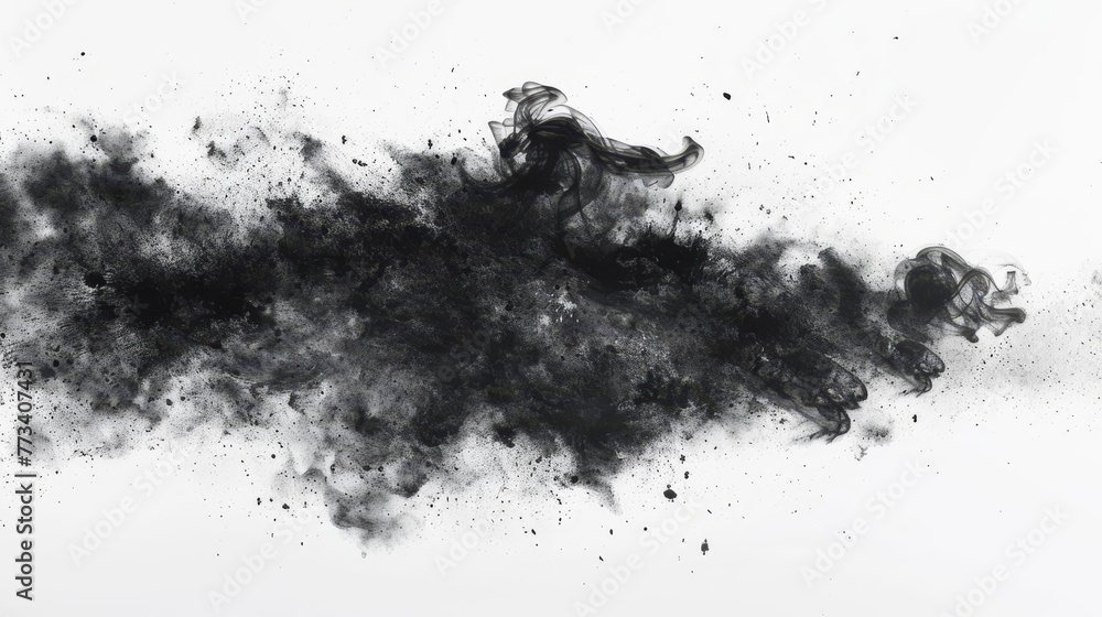 Mysterious black smoke explosion on white background, abstract brush strokes