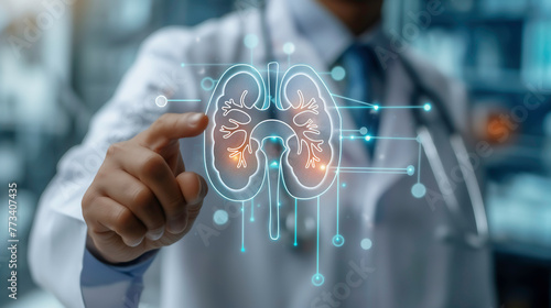 Doctor point to kidney hologram, advancements innovations with medical technology and healthcare treatment to diagnose and treatment in kidney disease.