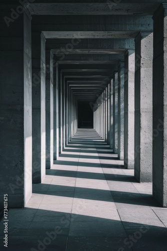 A row of columns stands tall in a dimly lit room  creating a sense of mystery and grandeur