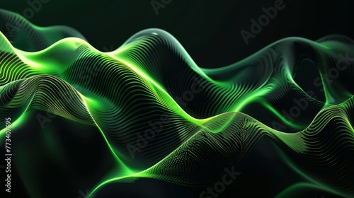 Neon Green and Black Abstract Waves, Colorful Gradient Texture, Digital Background