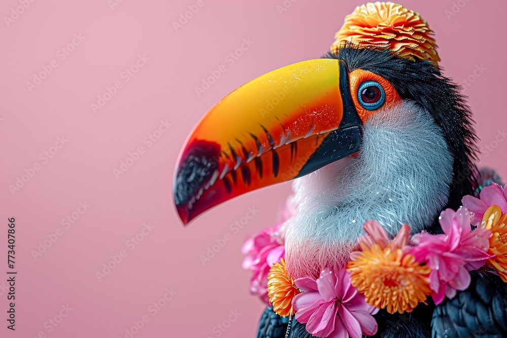 Fototapeta premium Creative animal concept. Toucan hornbill bird in party cone hat necklace bowtie outfit isolated on solid pastel