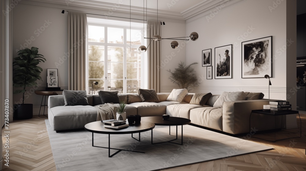 Fototapeta premium Modern living room with big comfortable corner couch, sofa in biege tones. Good Idea for home interior design. Elegant accessories