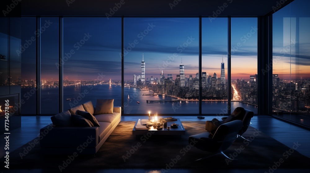 Modern living room with panoramic windows. Picturesque view of night lights city. Luxury business interior design. Skyline at dawn