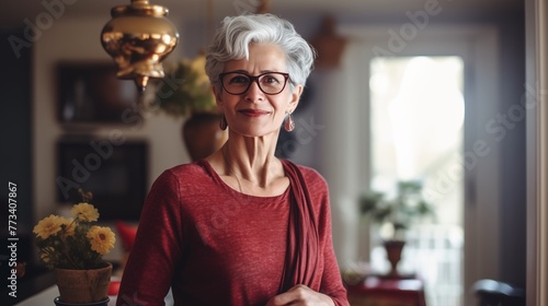 Smiling senior happy mature woman with short white grey hair. Stylish old grandmother looking at camera on blurred kitchen background