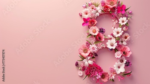 Number 8 with floral decoration  Women s Day background  copy space  digital illustration