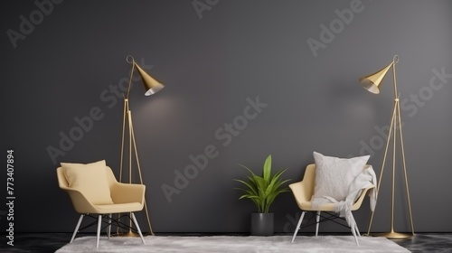 Modern , minimalist living room setting with two elegant chairs, soft lighting from floor lamps, and a potted plant, mock up for wall poster, painting, picture