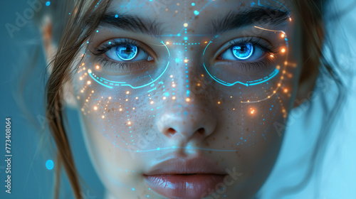 Close-up of a woman's face with futuristic digital overlays on her eyes, representing augmented reality or biometric scanning.