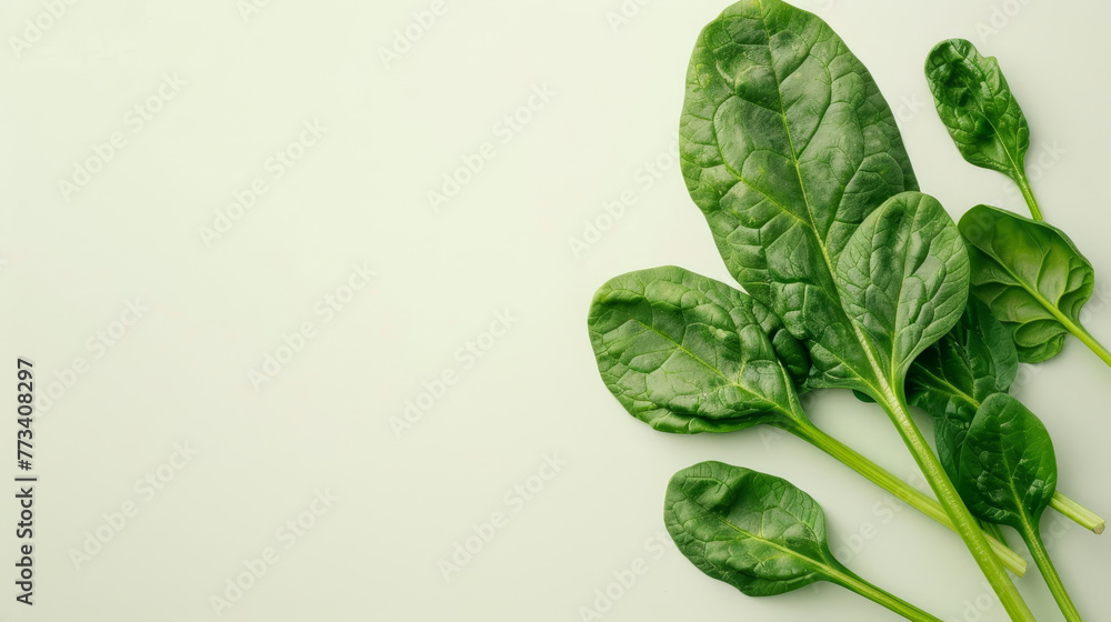 Obraz premium A bunch of spinach leaves on simple plain background with space for text.