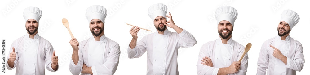 Chef in uniform on white background, set with photos Chef in uniform on white background, set with photos
